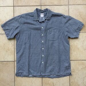 Brooks Brother Shirt Mens Large Blue Geometric Linen Blend Camp Loop Collar